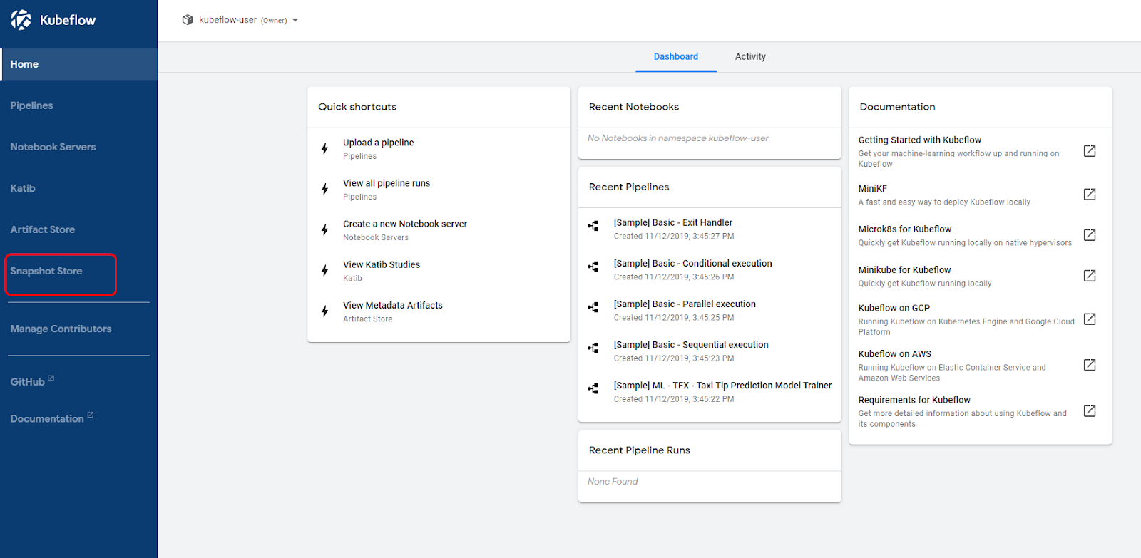 Accessing the snapshot store from the Kubeflow UI